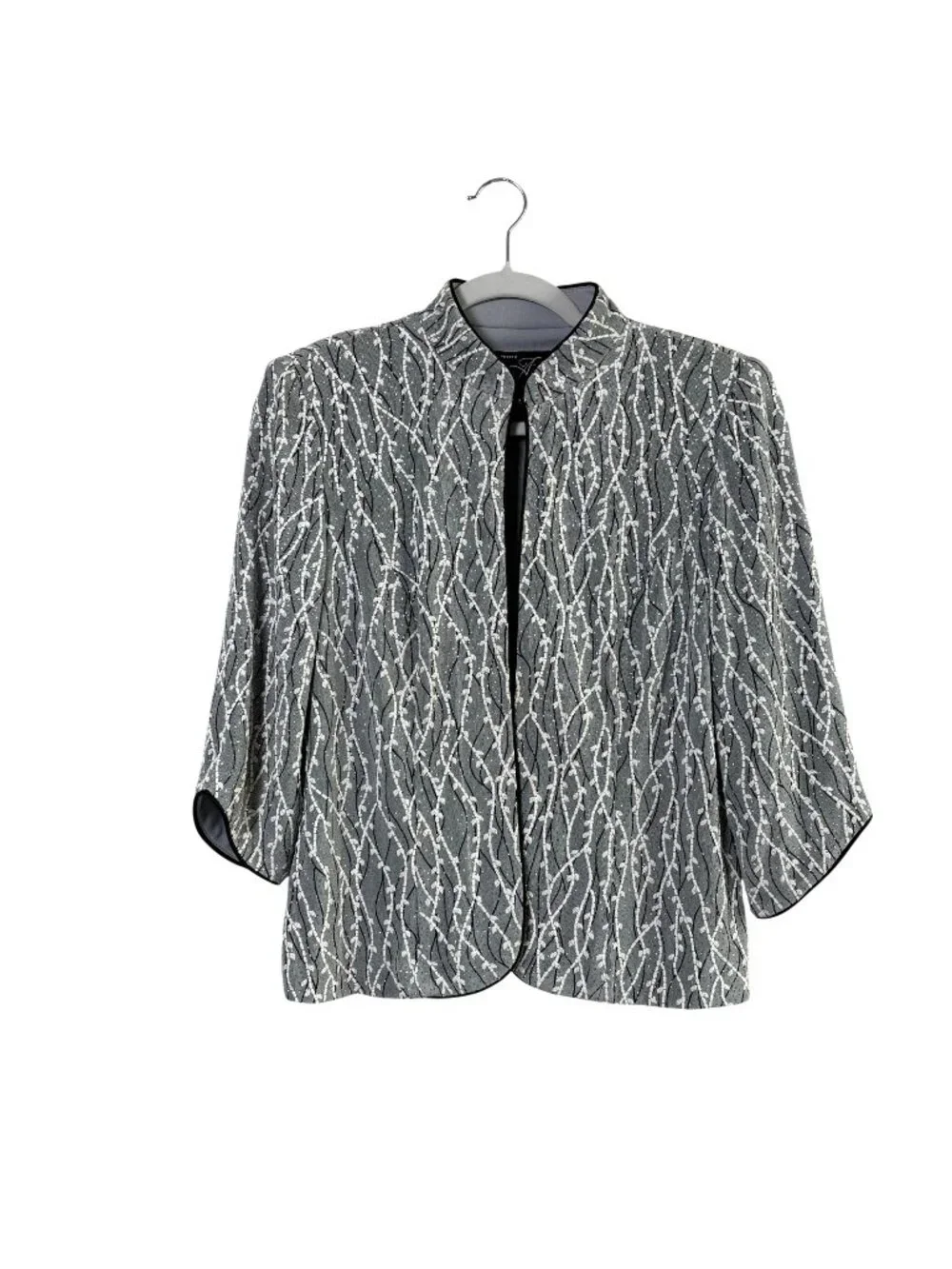 Alex Evenings Jacket Petite S SP Gray Black Metallic 3/4 Sleeves Mandarin Collar